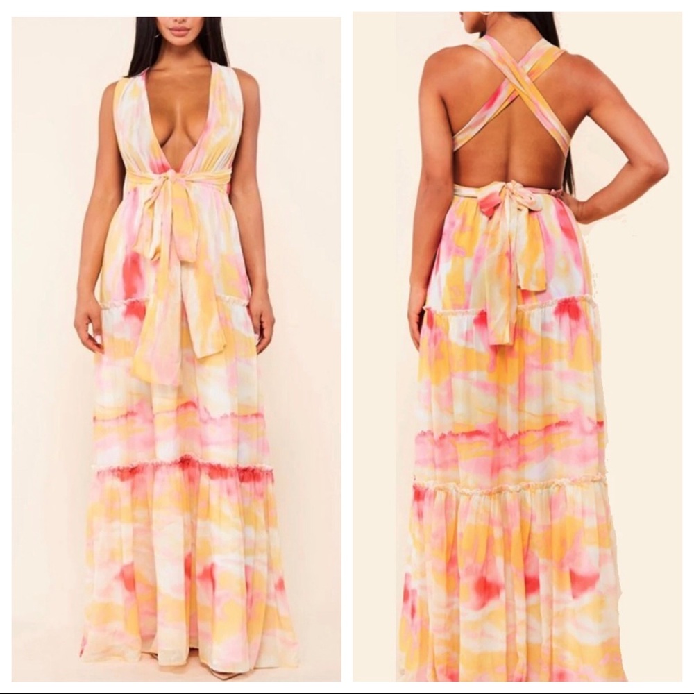 L'ATISTE Pink and Orange Ombre Maxi Dress NWT